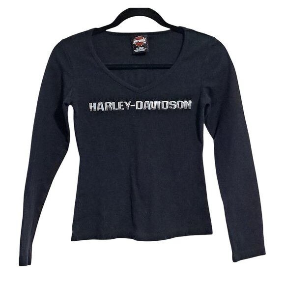 Harley-Davidson Tops - Harley Davidson Shirt Chrome Spellout Womens S Long Sleeve Black V-Neck Virginia
